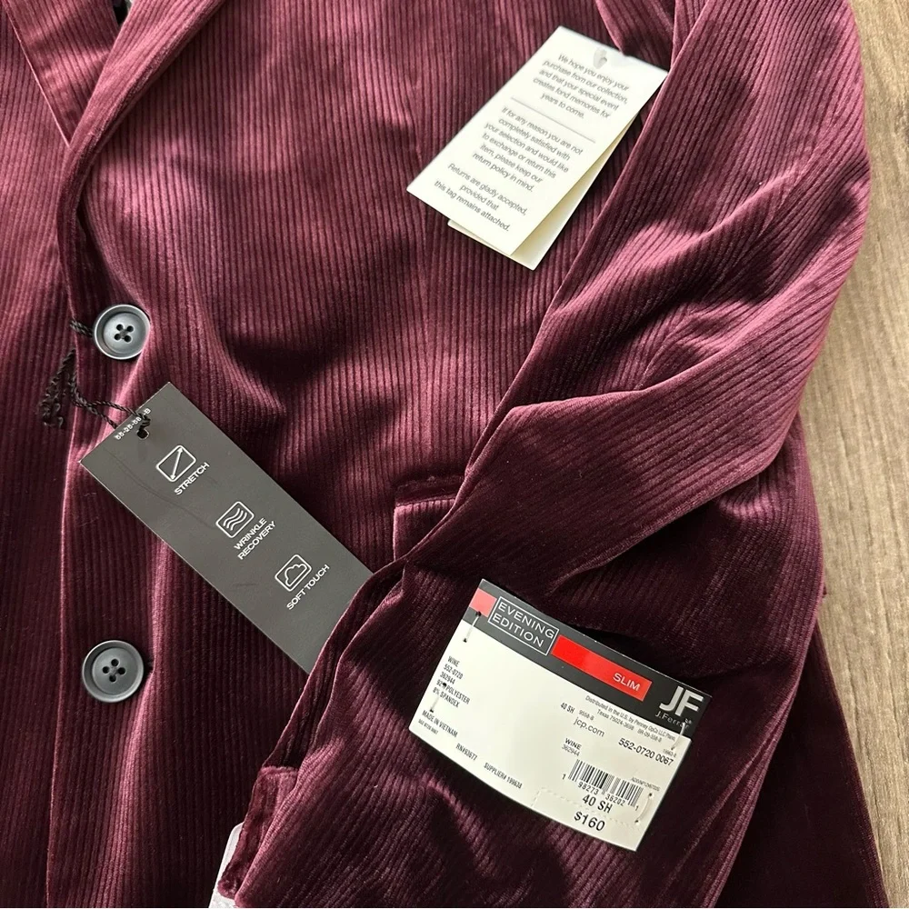 JF J. Ferrar Evening Velvet Blazer Jacket Slim Fit Men’s Sz 40 SH Red Wine